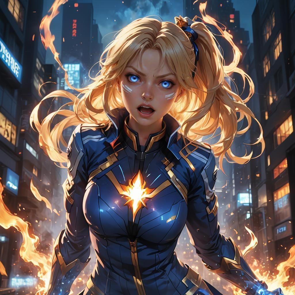 Fire-Breathing Blonde Superheroine in Anime Style
