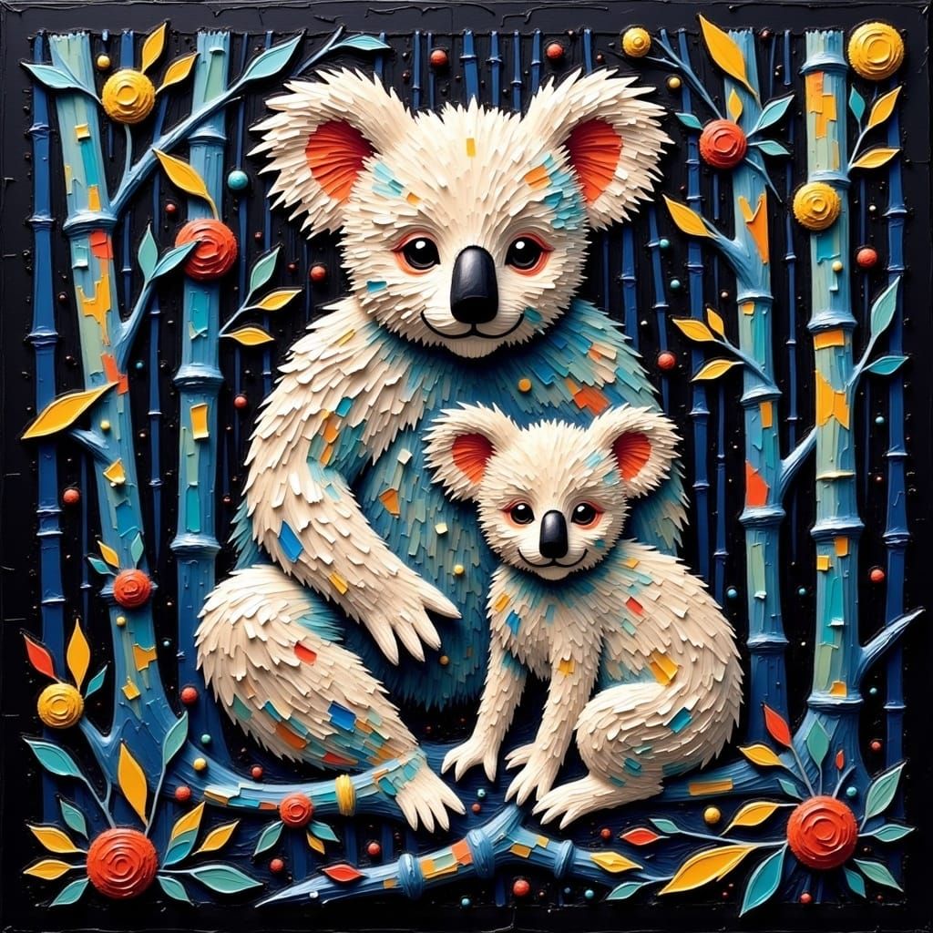 White Koala Family in Fractal Stained Glass