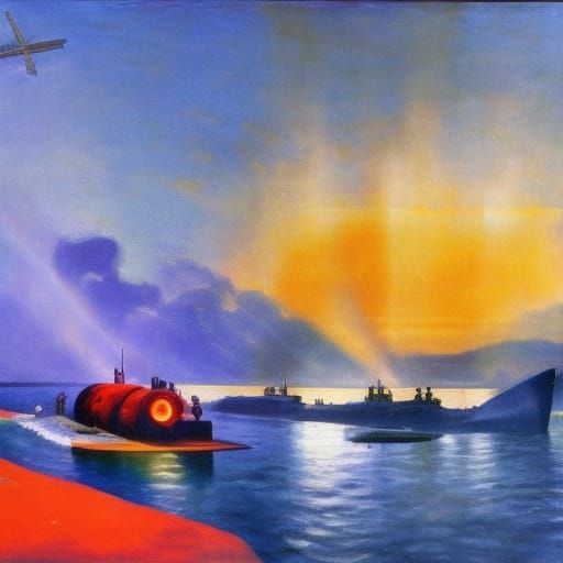 Ancient Greek Nuclear Submarine Underwater, Detailed 3D Rend...