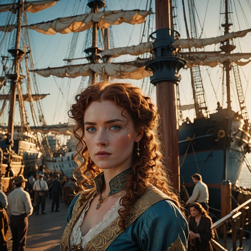 Woman by Ship in Cinematic Film Still