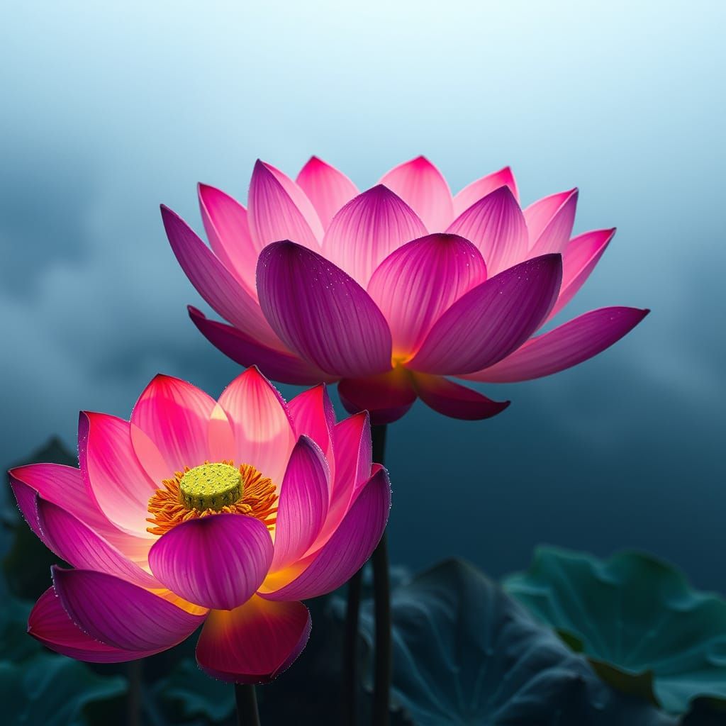 Dreamlike Lotus Blooms on Misty Mountain Peak in Vibrant, Et...