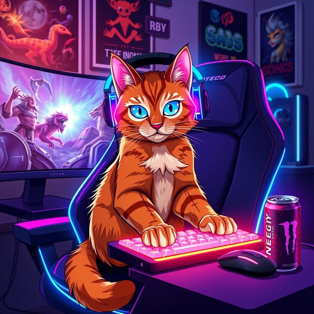 Cartoon Cat Gamer in RGB Headphones on Gaming Chair