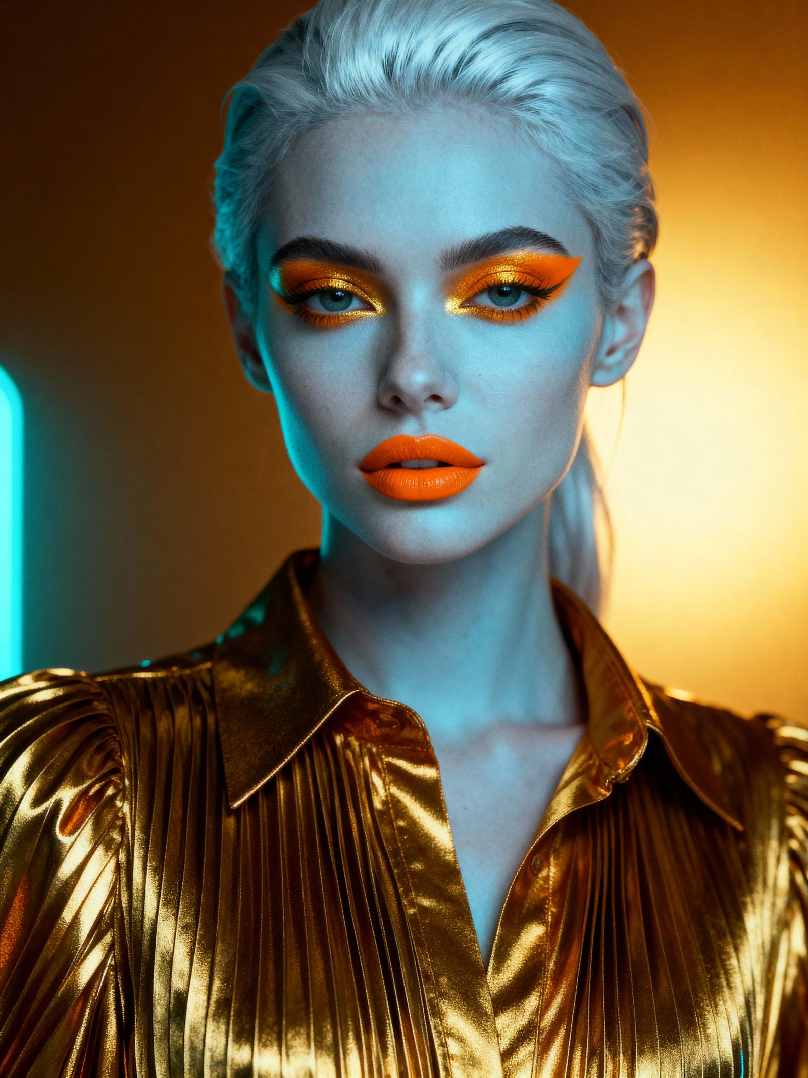 Sci-Fi Portrait: Woman with Blue Skin and Golden Blouse