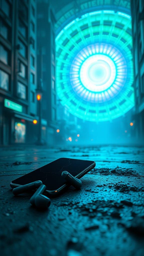 Abandoned Smartphone in Dystopian Cyberpunk Cityscape