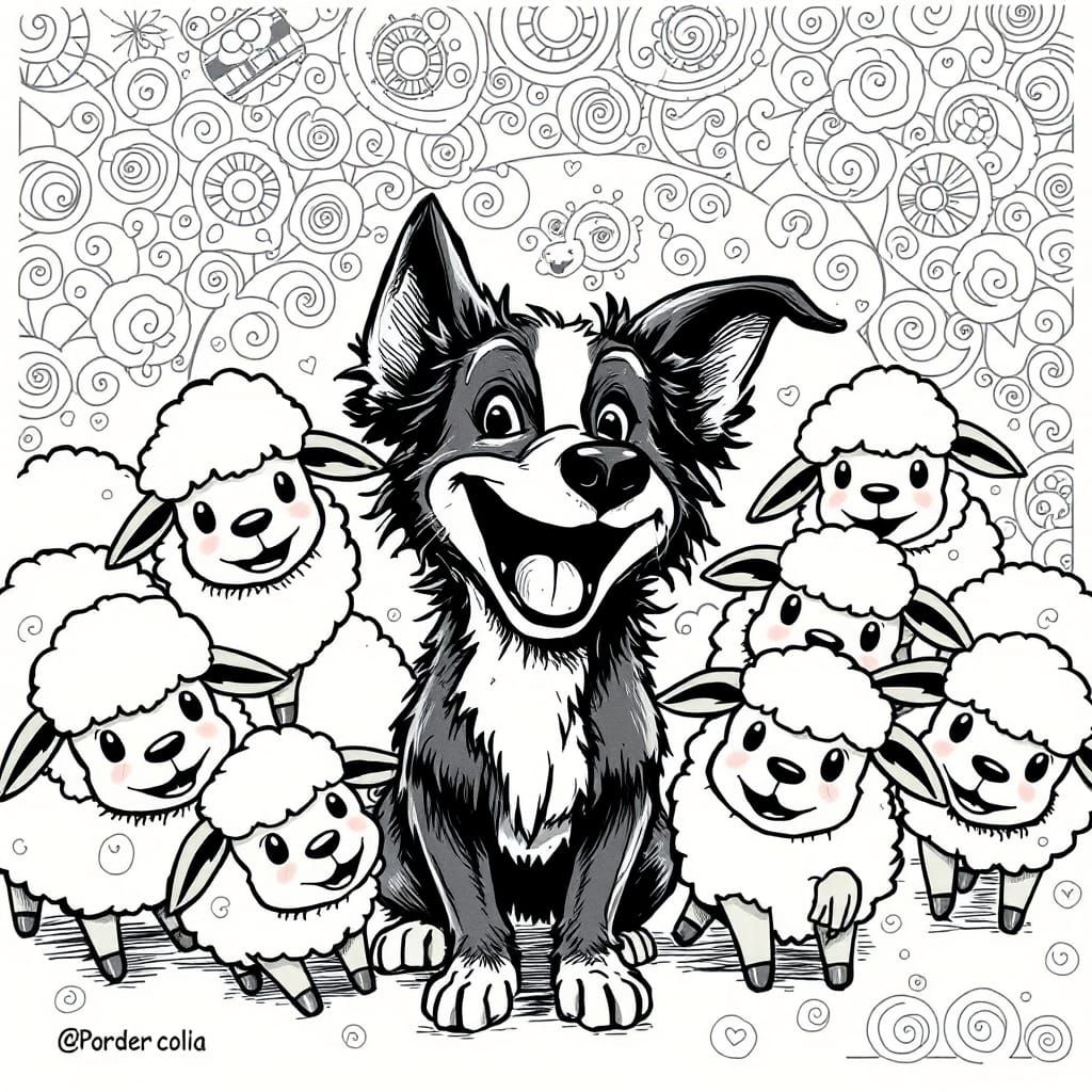 Playful Border Collie and Chibi-Sheep in Comic Art