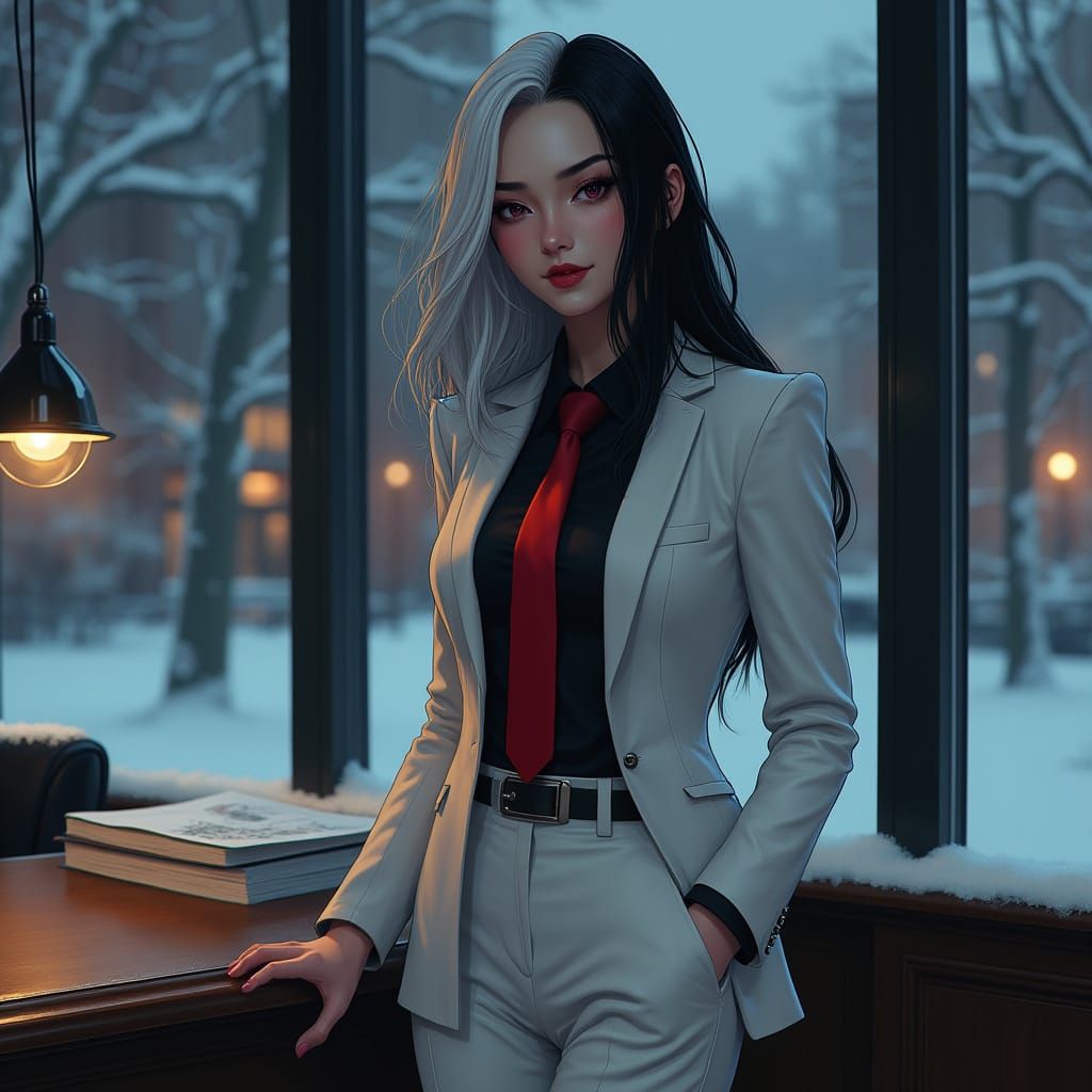 Vampire in White Suit Overlooking Snowy Boston in Hyperreali...