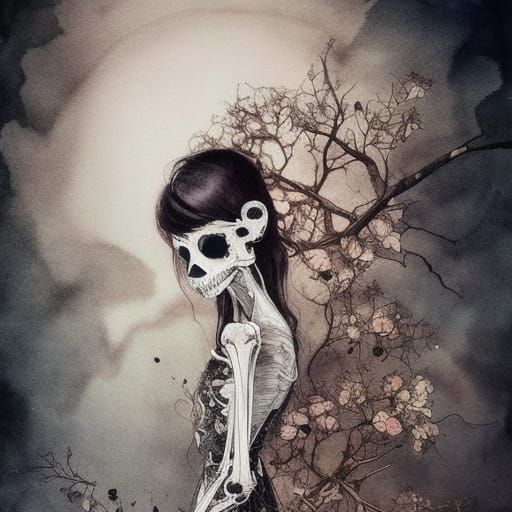 Skeletal Lovers: Macabre Watercolor Bridal Portrait