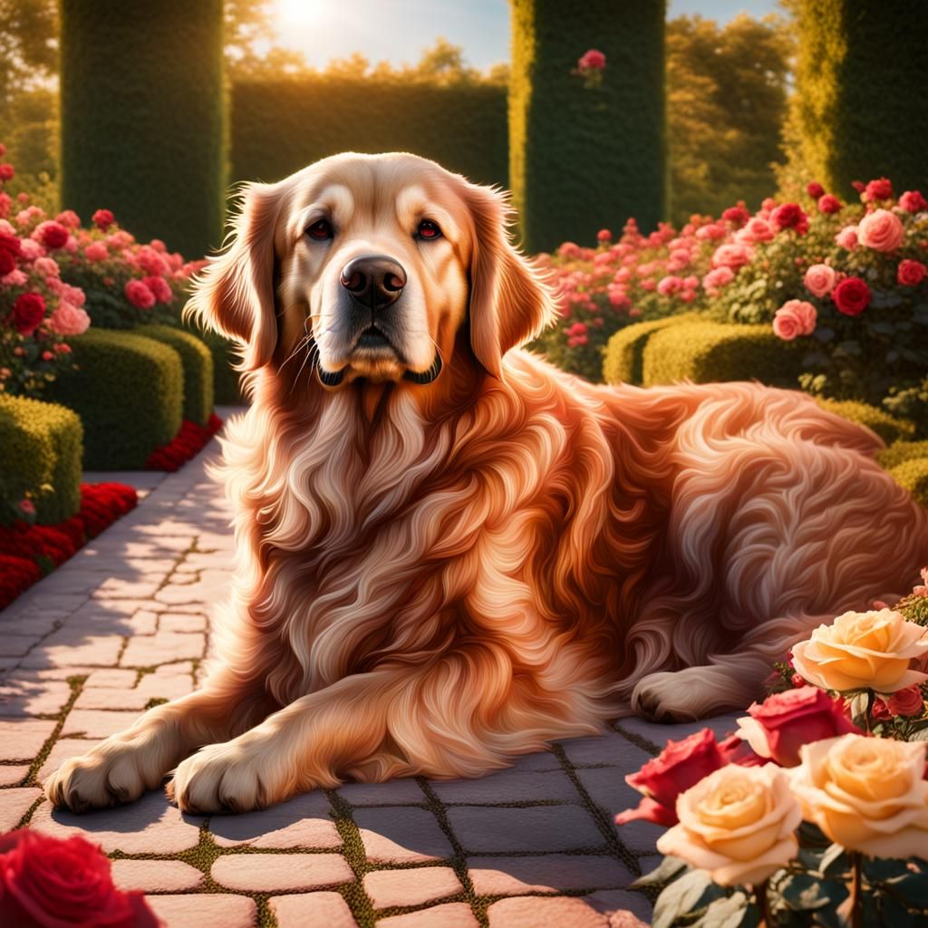 Golden Retriever in Rose Garden: Digital Matte Painting