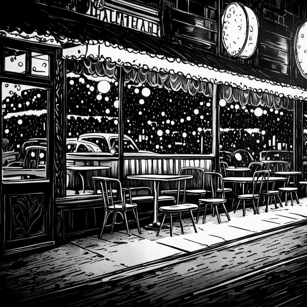Diner Window View of Theater in Digital Art Style