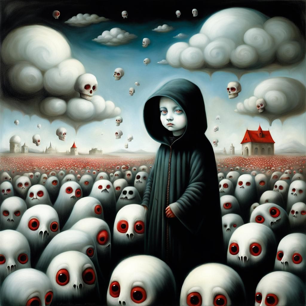 Surreal Gothic Figures in Ethereal Landscape