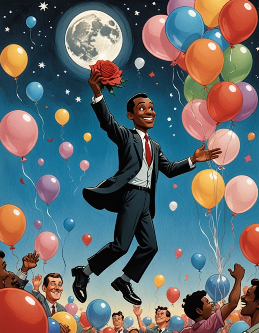 Cartoon Man Reaching for Rose Moon in Tex Avery Style