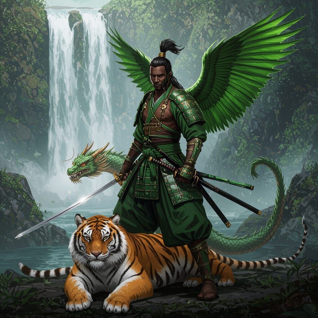 African Samurai Warrior with Dragon, Tiger, and Wings