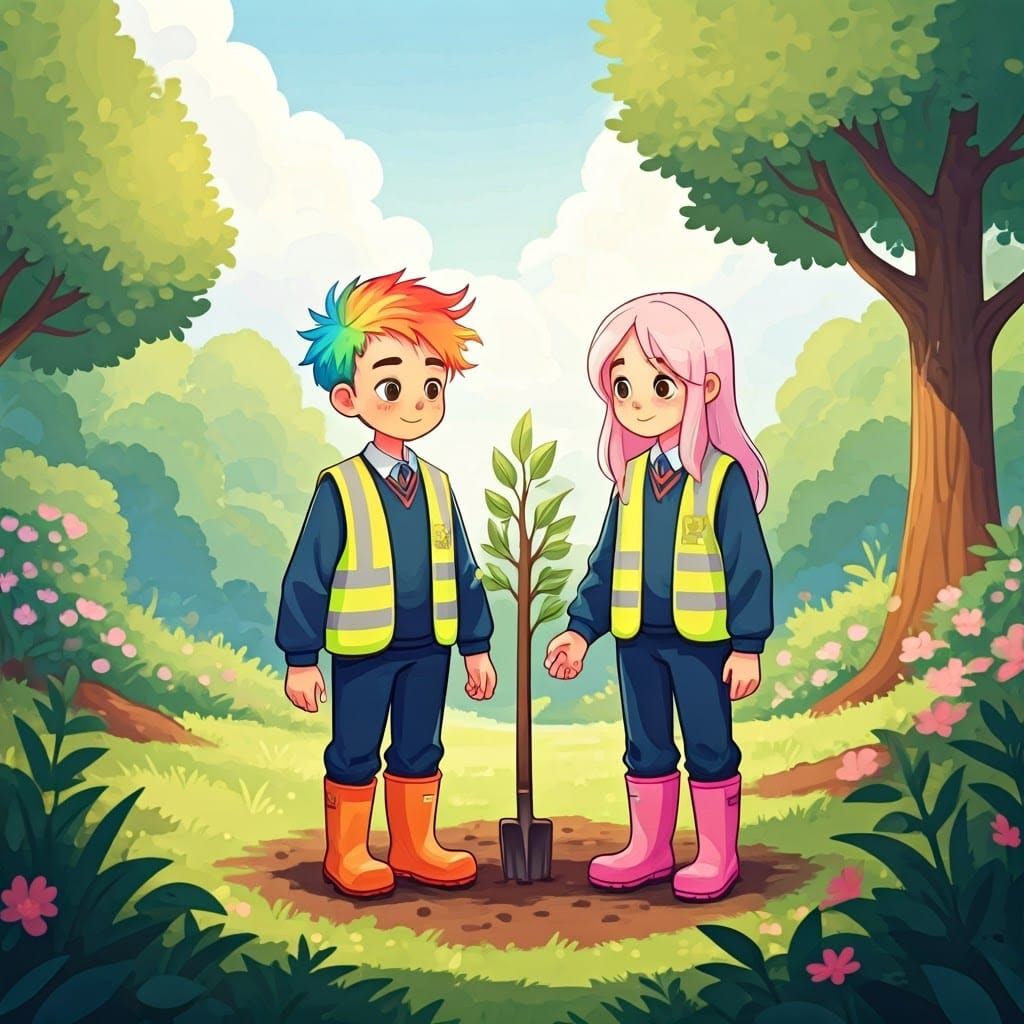 Boys Planting Trees in Park, Watercolor Illustration Style