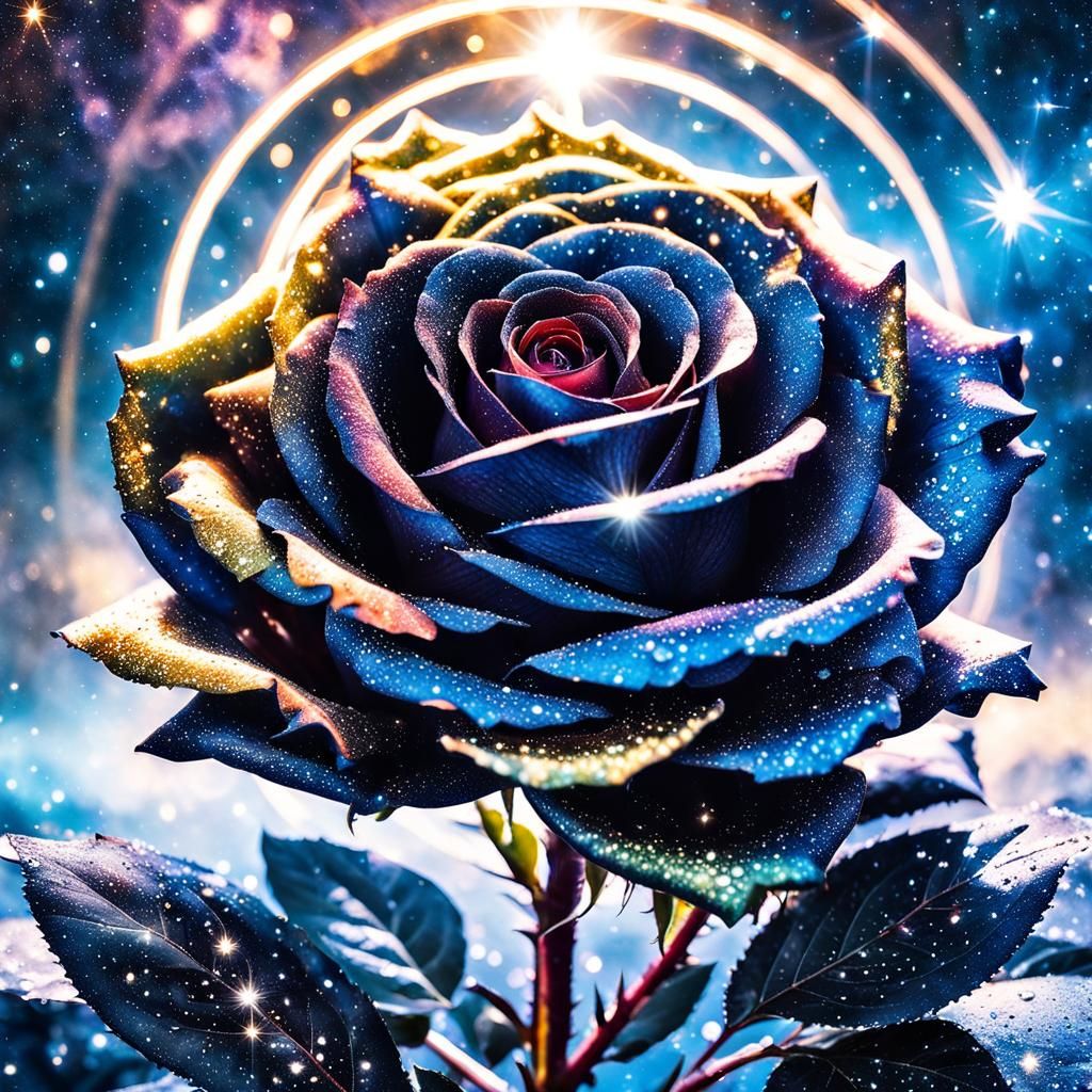 Dewy Black Rose in Galactic Light, Surreal Illustration