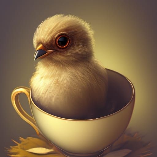 Cute Baby Bird in Teacup Nest, Detailed Fantasy Art