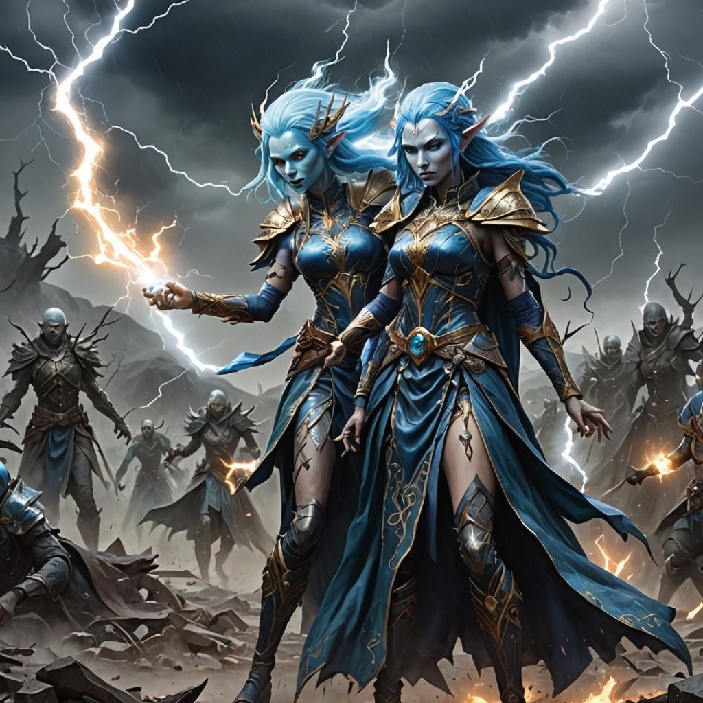 Elven Woman Conjures Lightning Against Undead Army