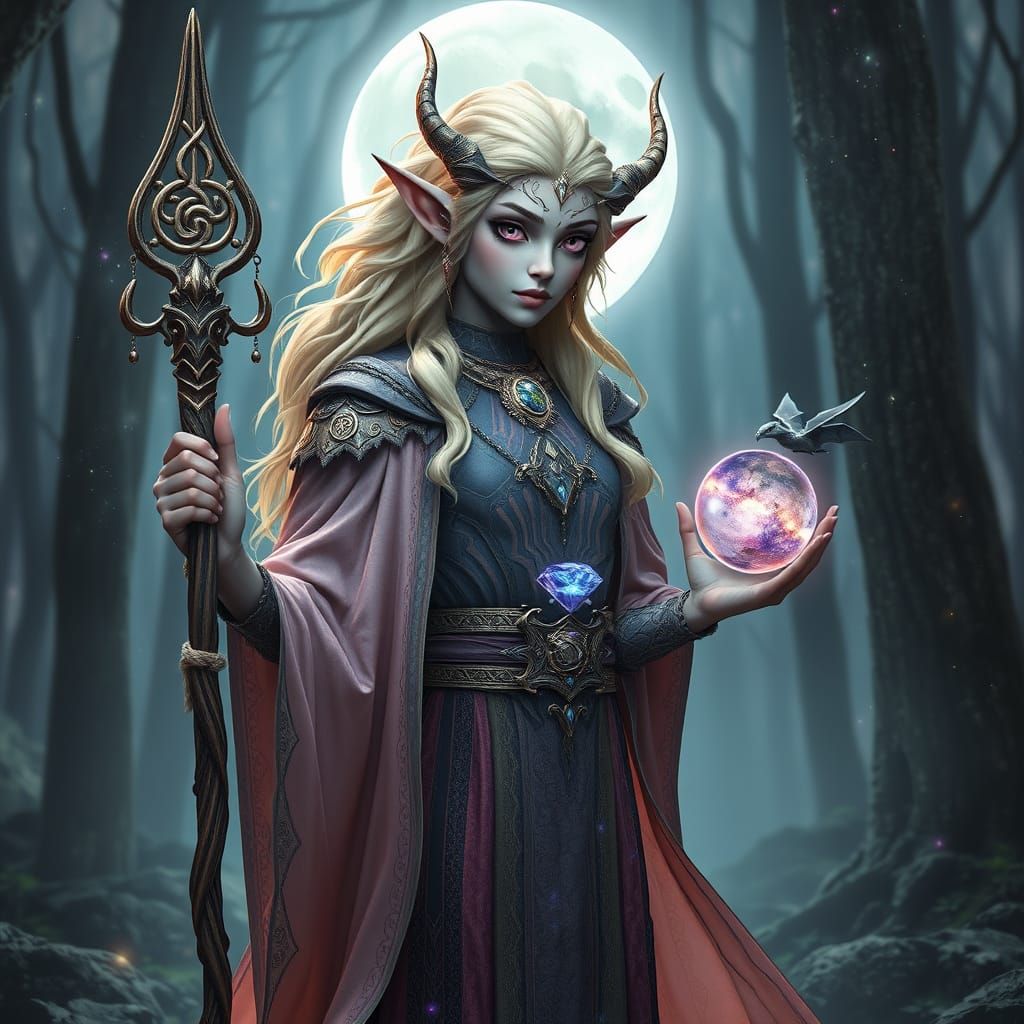 Ethereal Moon Elf in Cosmic Attire with Galaxy-Filled Eyes