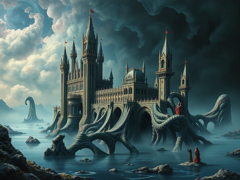 Surreal Gothic Castle Emerges from Mysterious Lake Depths