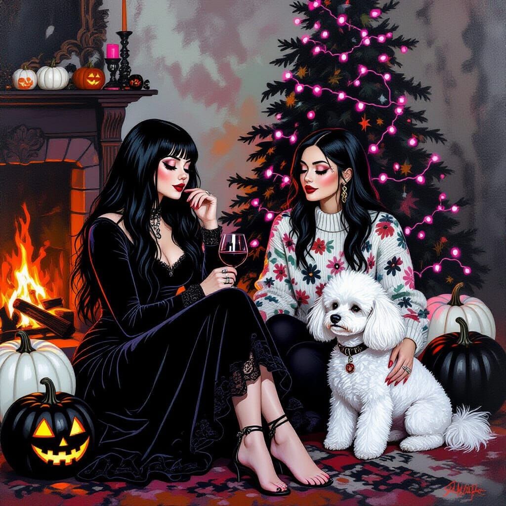 Gothic Ladies Relaxing by Halloween Tree