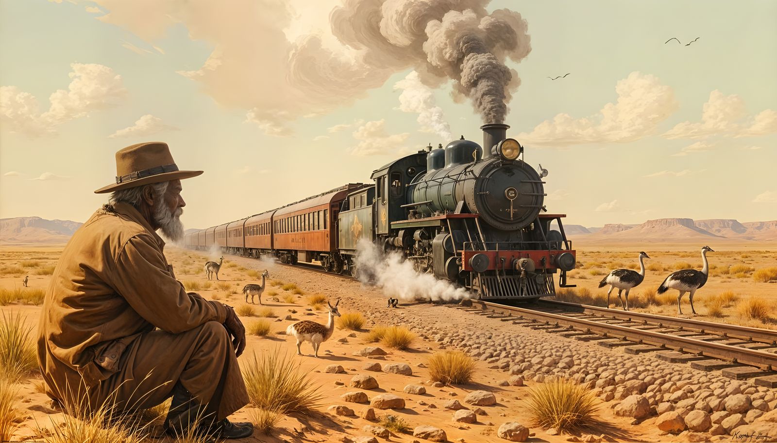 Bushman Hunter Watches Vintage Train in Karoo Winter