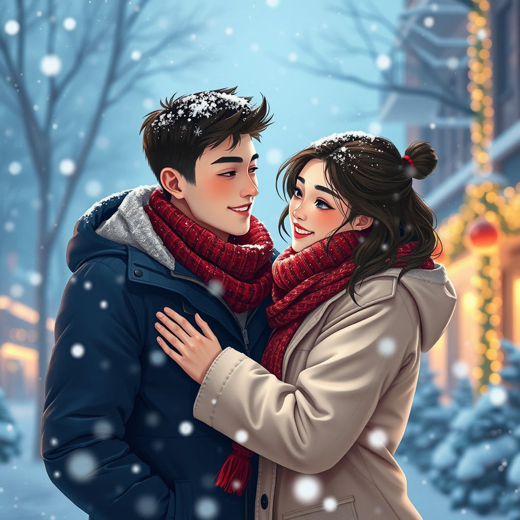 Couple Embracing in Winter Snowfall, Hyperrealistic Style