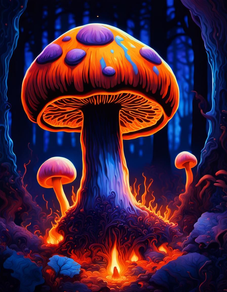 An angry mushroom magical+enchanted inferno bioluminescent forest. detailed painting,Salvator Rosa, Alphonse Mucha,Stan ...