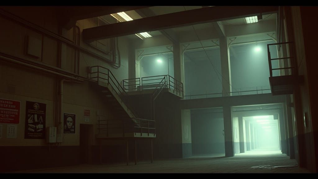 Abandoned Brutalist Factory in Cinematic Darkness