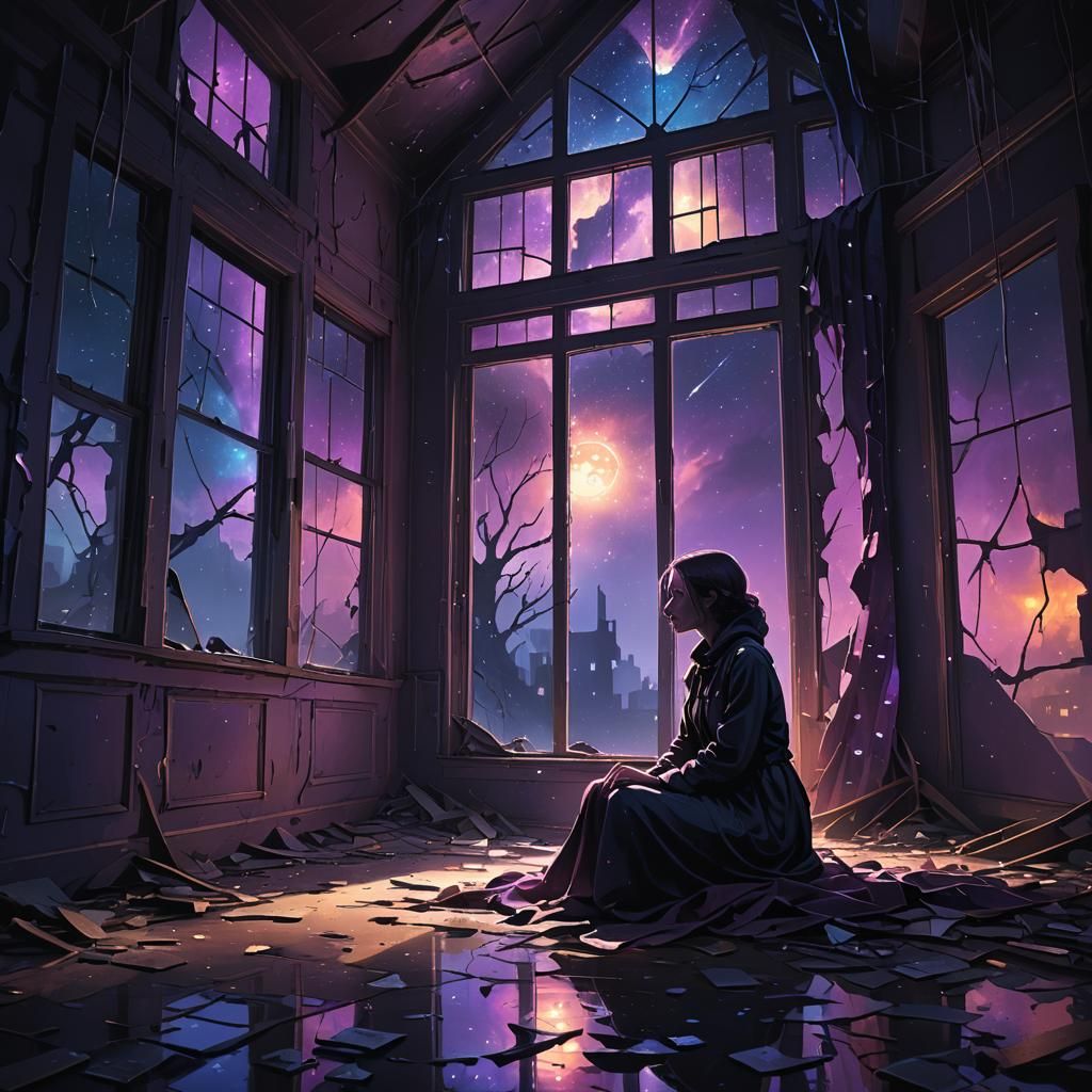 Eerie Dystopian Surrealism: Weeping Woman in Abandoned Room