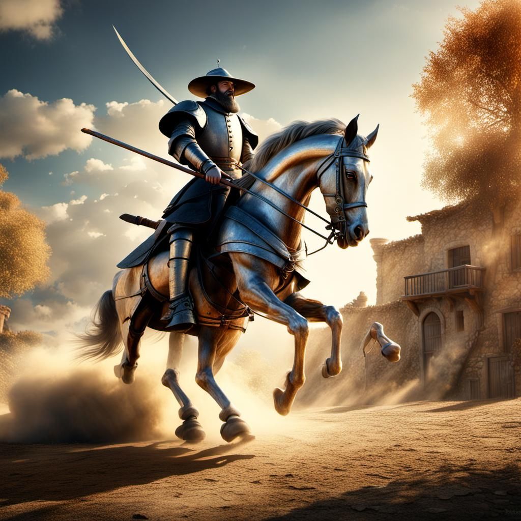Don Quixote Attacks Windmill: Photorealistic CGI Scene