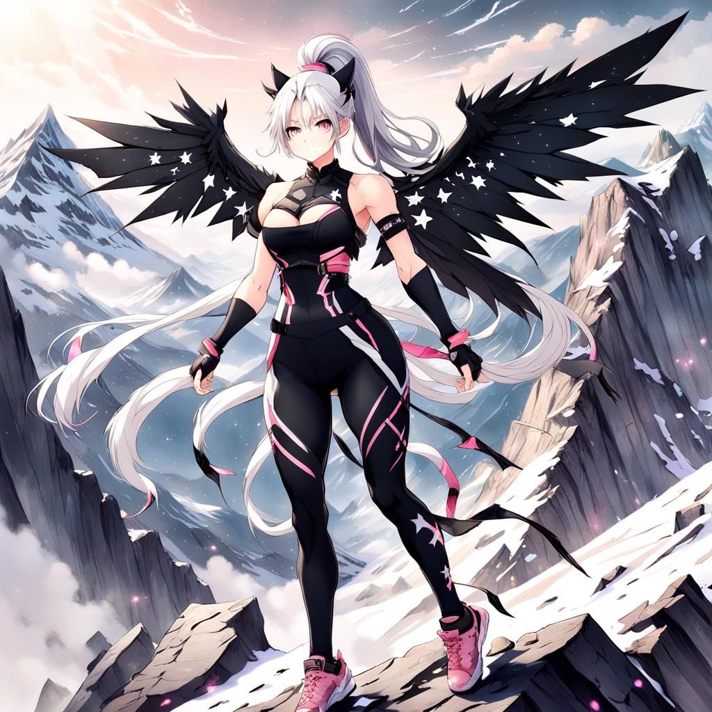 Winged Anime Woman Climbs Mountain