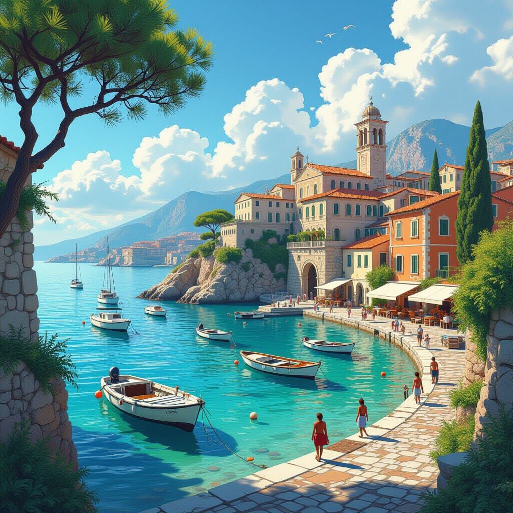 Picturesque Mediterranean Coast in Realistic Pictorial Style