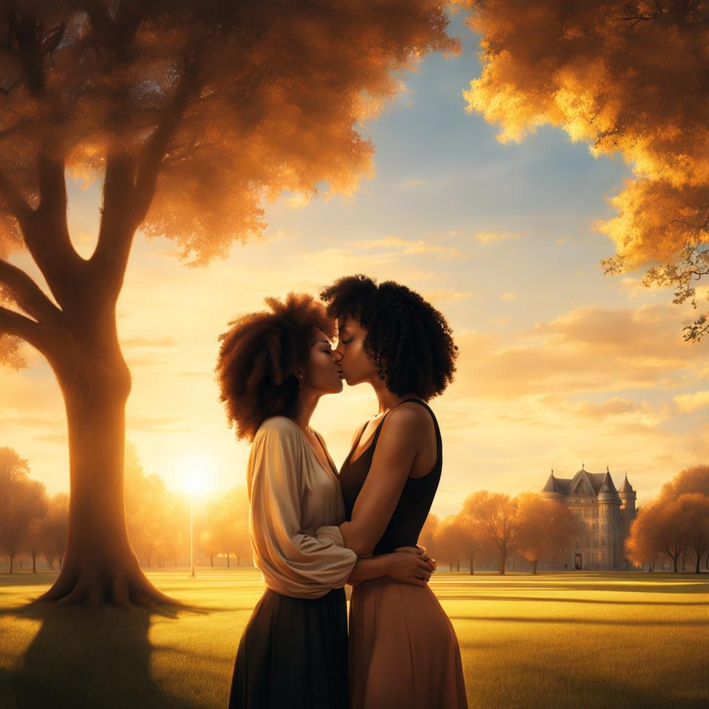 Women Kissing at Sunset: A Matte Painting