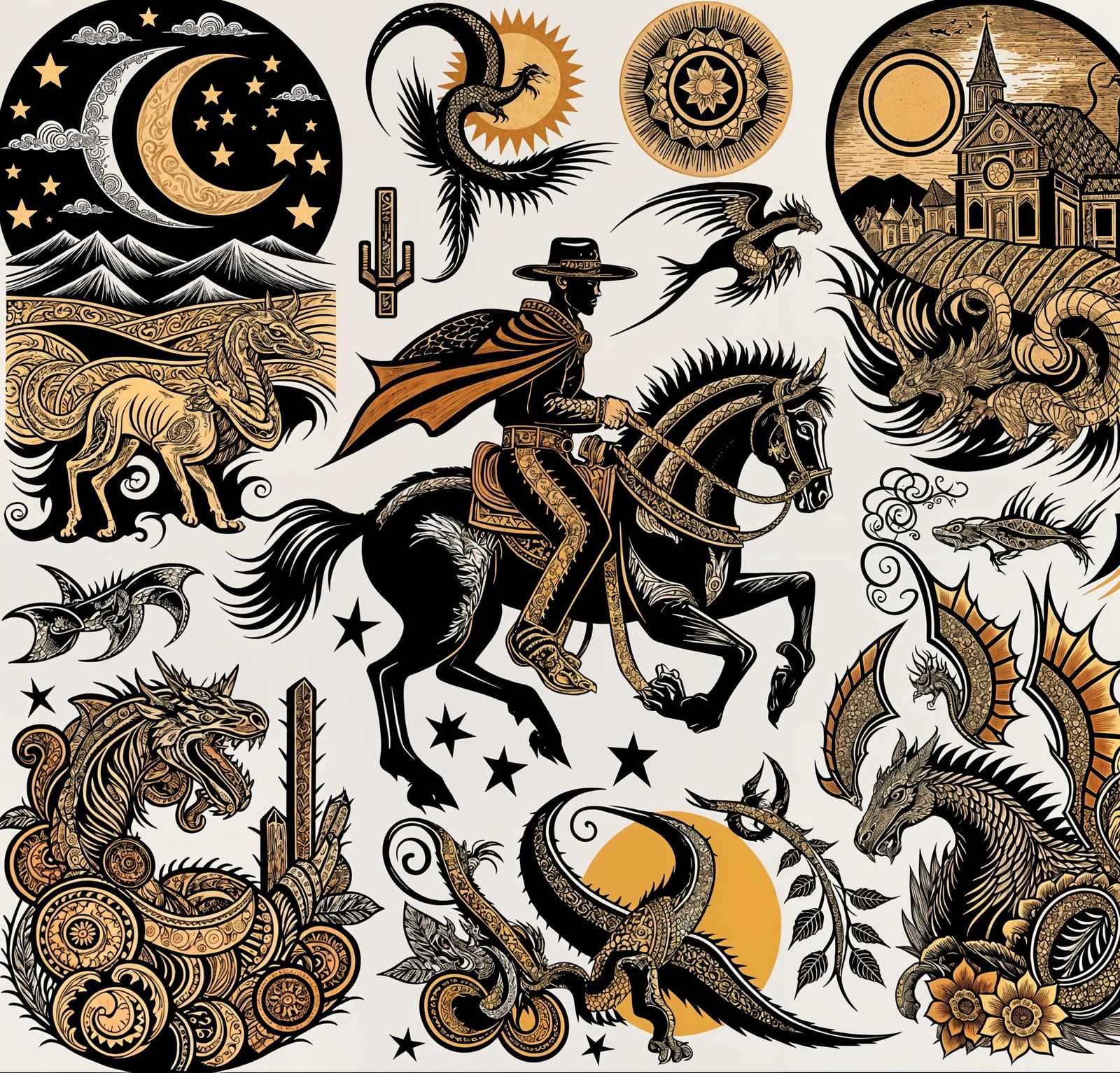 Brazilian Cordel Tattoo Flash Sheet in Woodcut Style