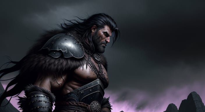 Barbarian Warrior at Obsidian Gate in Dark Fantasy Style