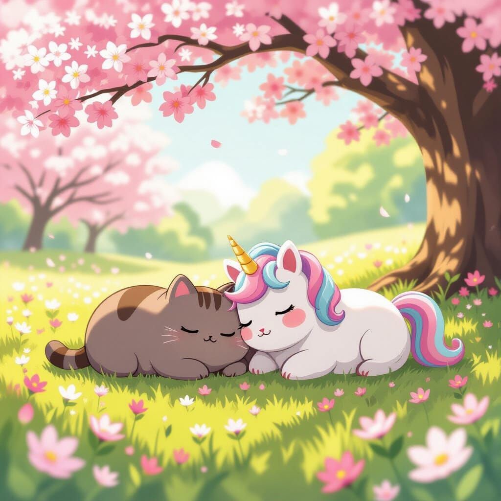 Kawaii Pusheen and Unicorn Nap in Flower Meadow
