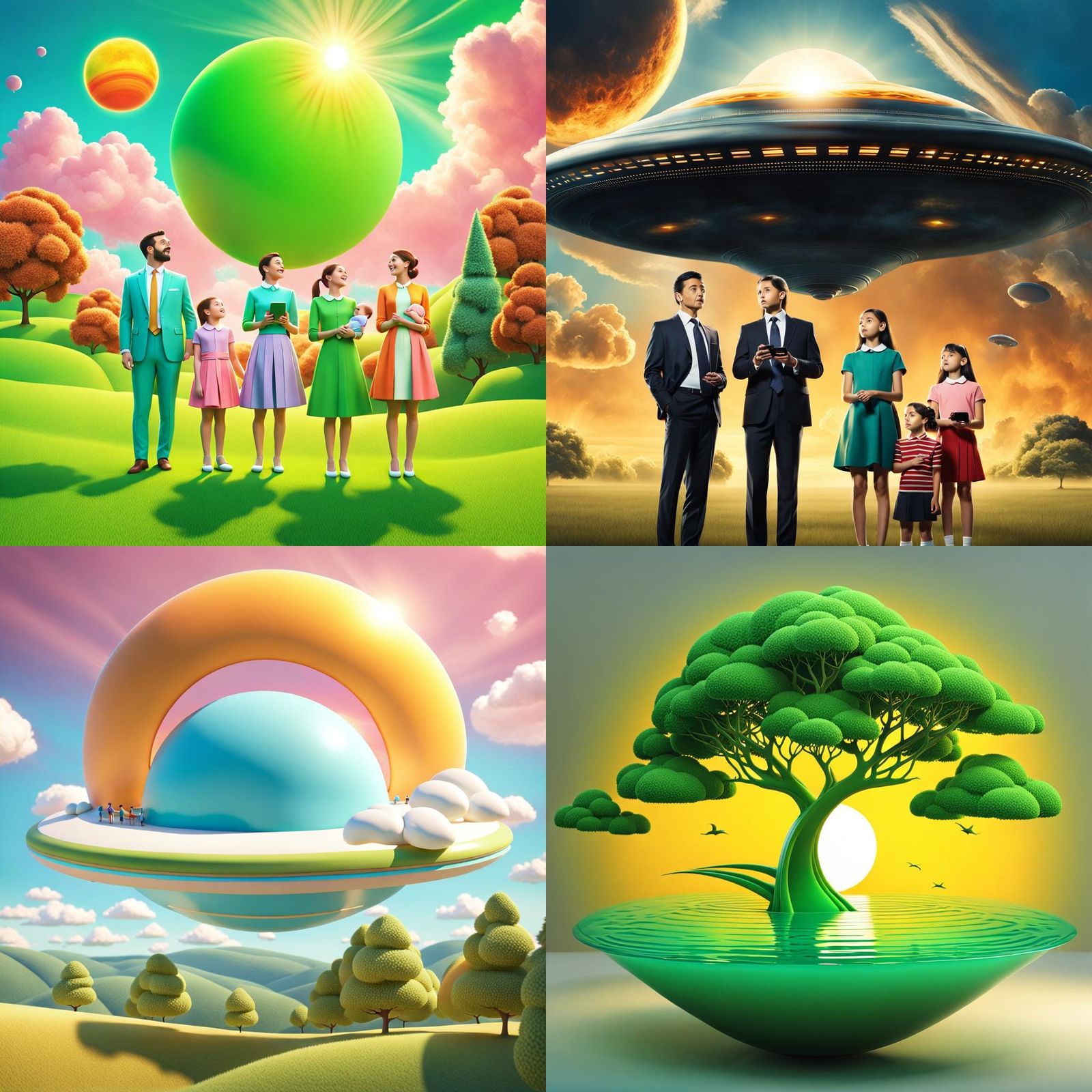 UFO Over Family in Stylized 3D Landscape