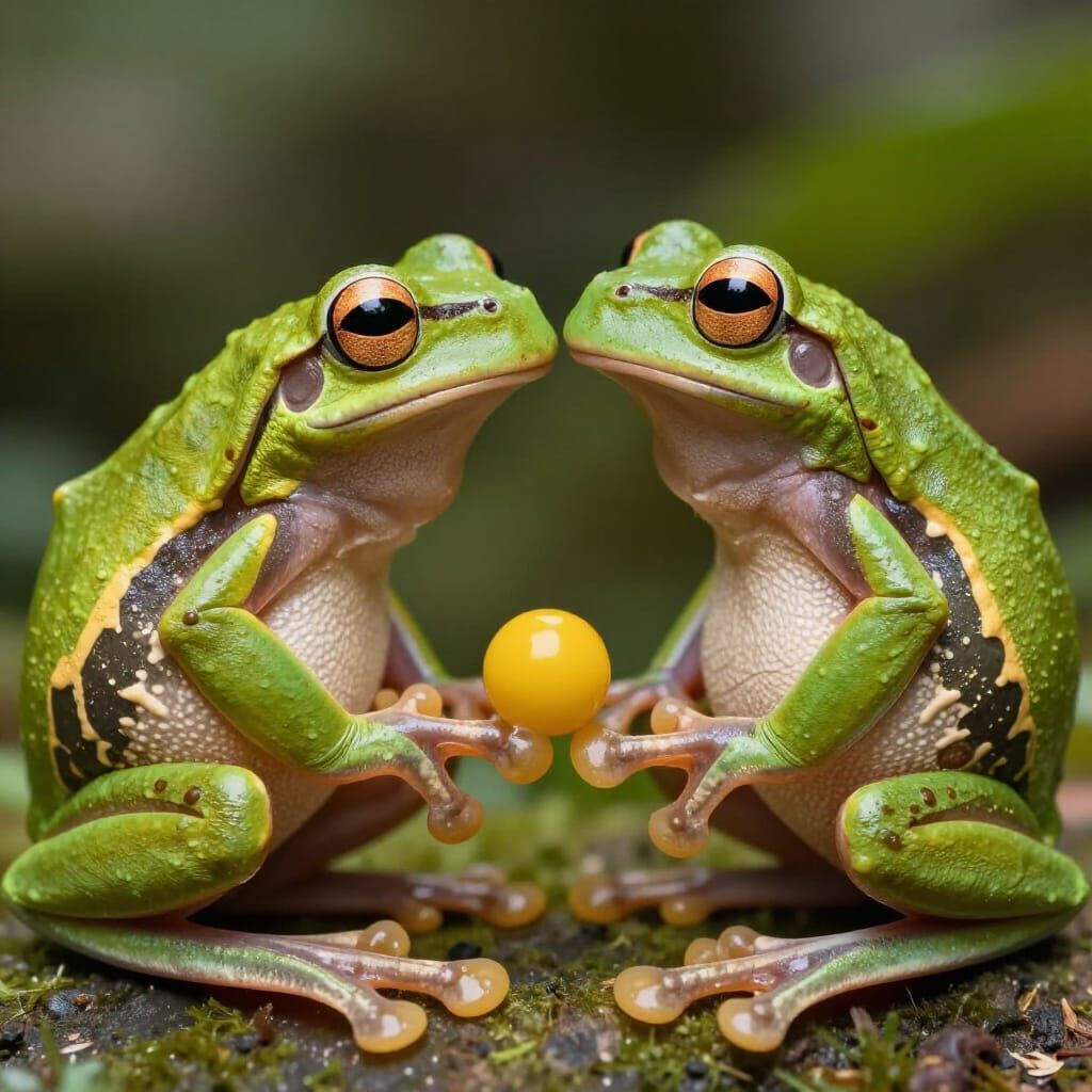 Hyperrealistic Tree Frogs in Love Touching Toes