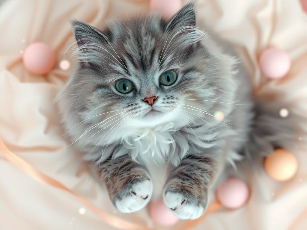 Cute Gray Cat Surrounded by Pastel Magic
