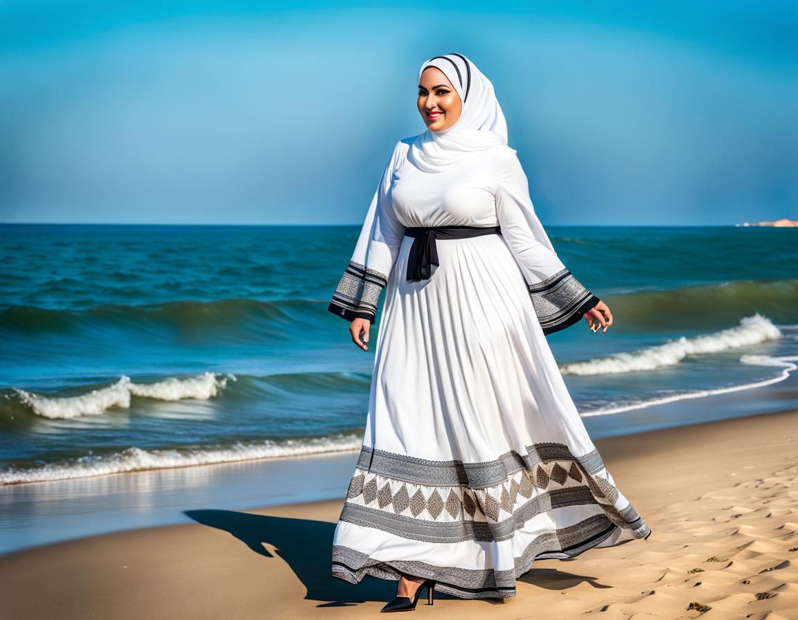 Beautiful Hijabi Woman Walking on Seashore