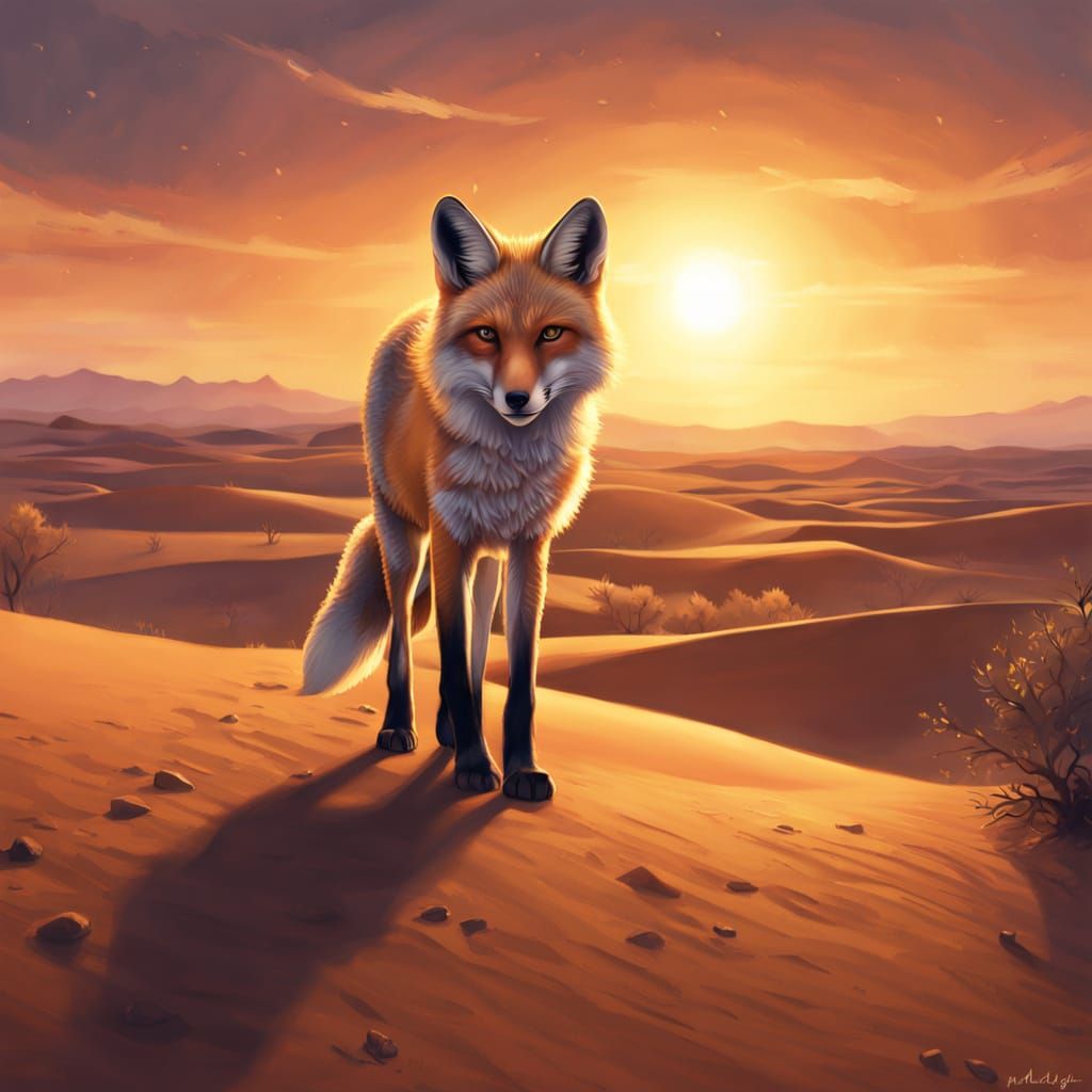 Lonely Desert Fox at Sunset Oil Painting