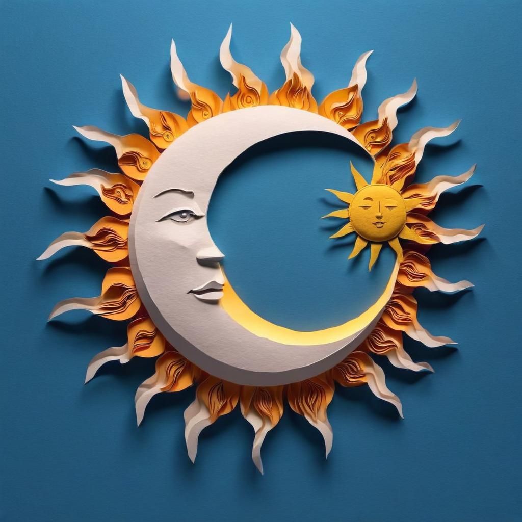 3D Paper Moon and Sun on Blue Wall