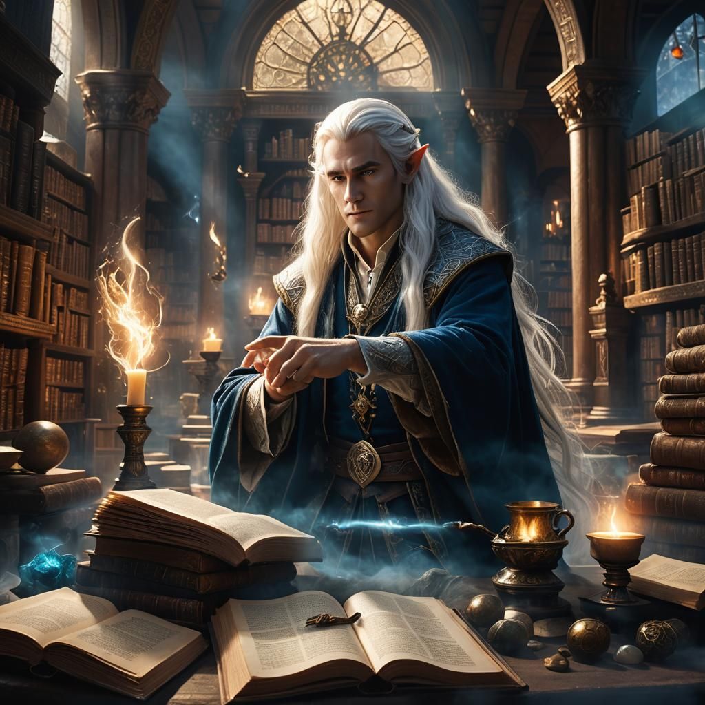 Elf Sorcerer Casting Spell in Grand Library