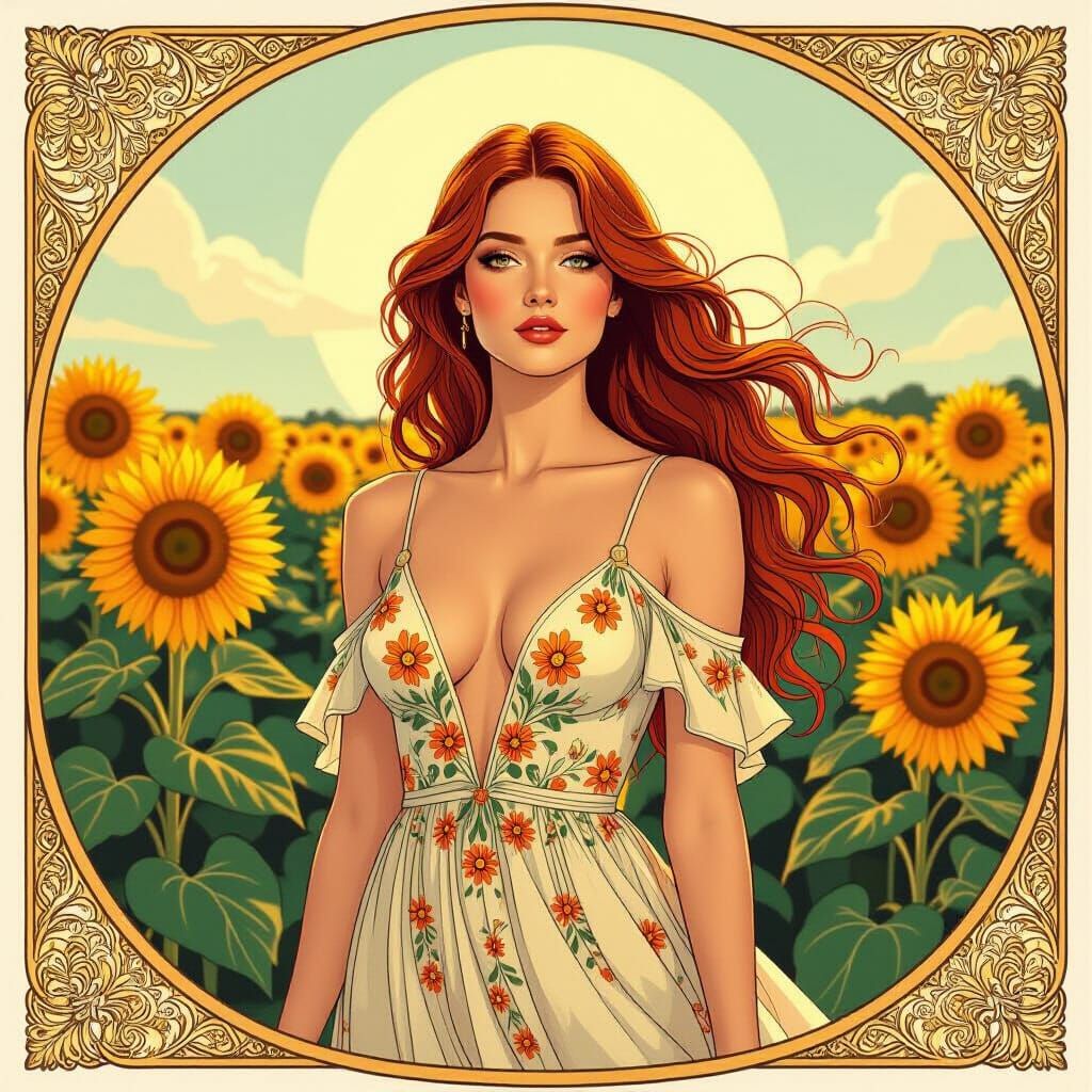 A beautiful, bare-chested woman with long, flowing auburn hair stands in a field of sunflowers, her gaze serene and capt...