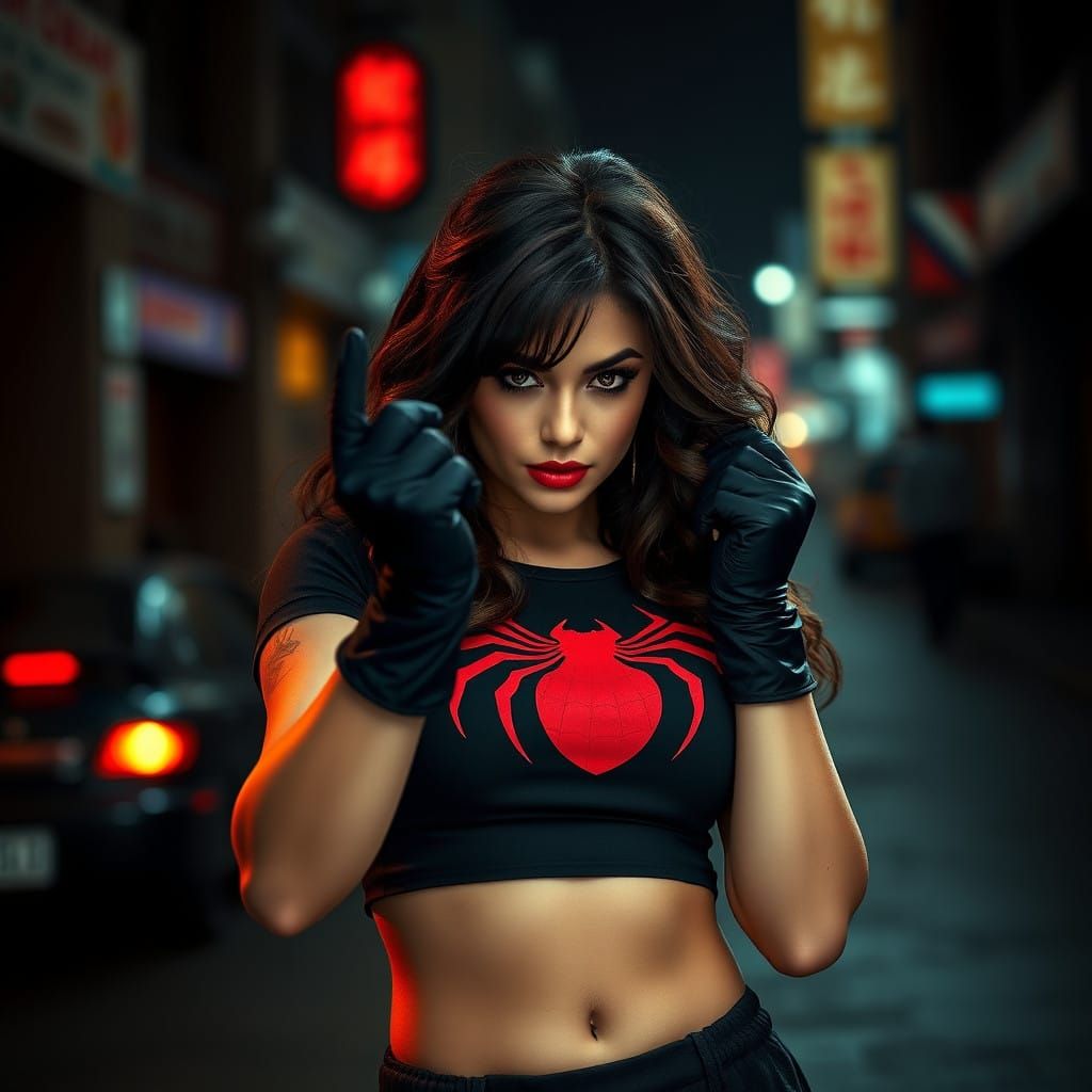 Demi Rose, hold up black stockings, short skirt, gloves, Spi...