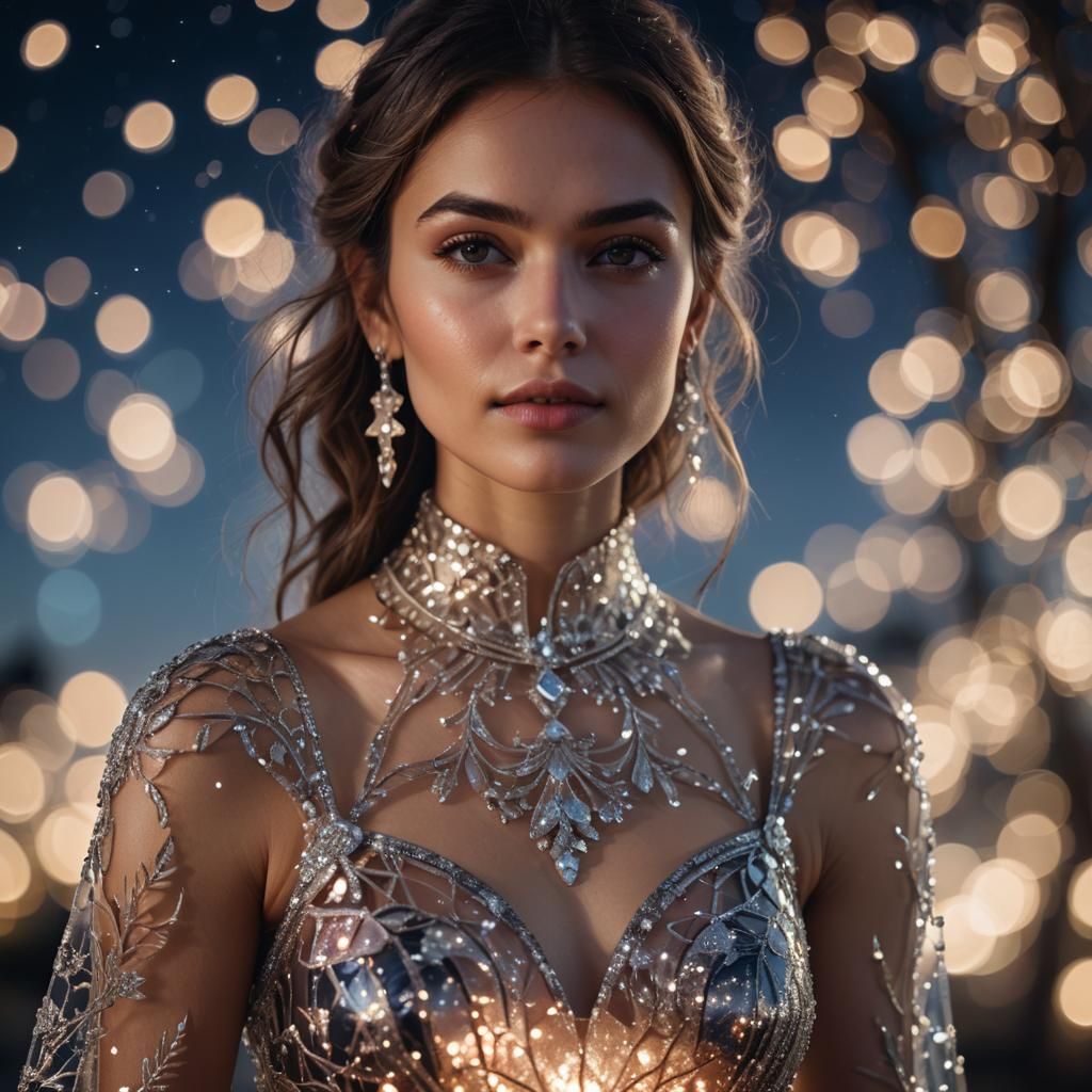 Woman in Glass Dress Portrait with Night Sky