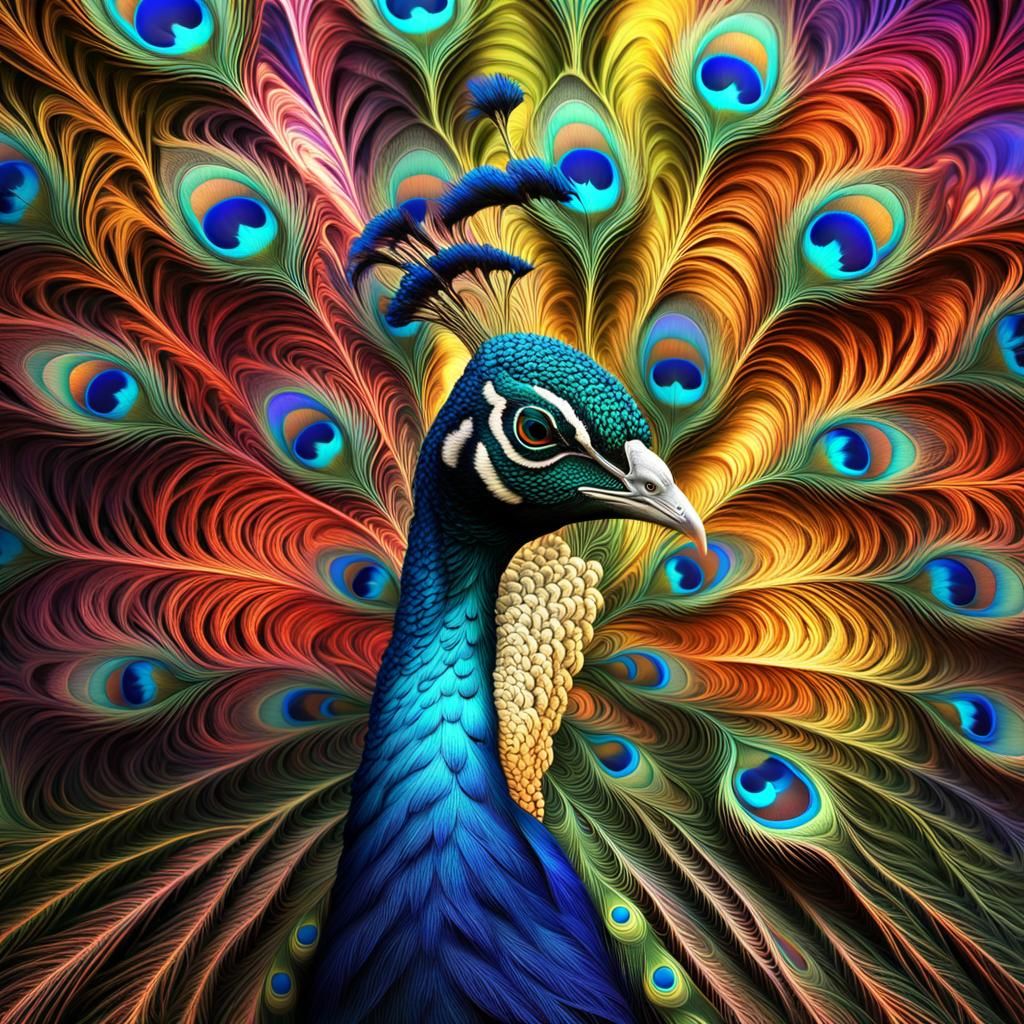 Fractal Peacock with Vibrant Feathers and Exotic Foliage
