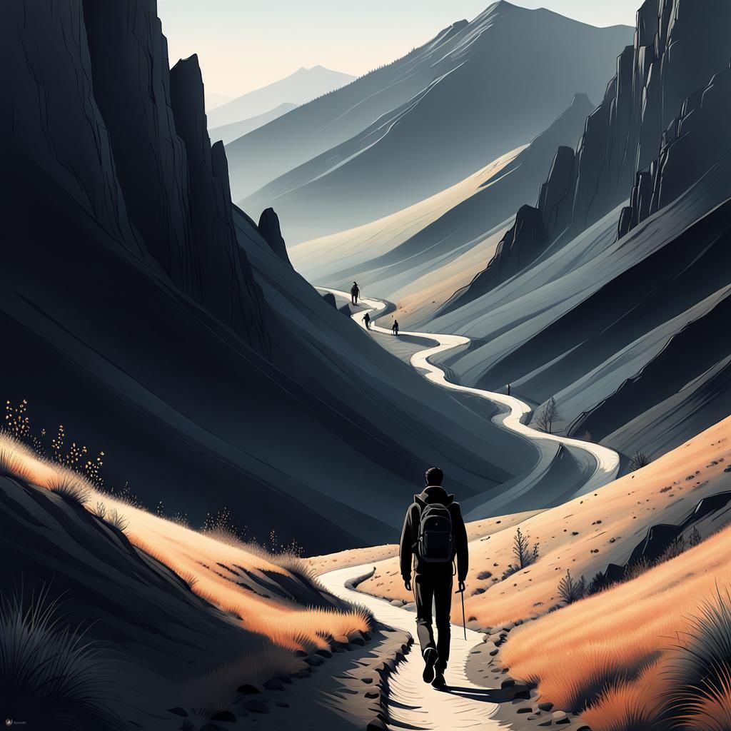 Minimalist Black and White Landscape with Hiker