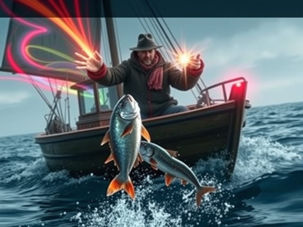 Magical Fishing Boat with Glowing Captain and Leaping Fish