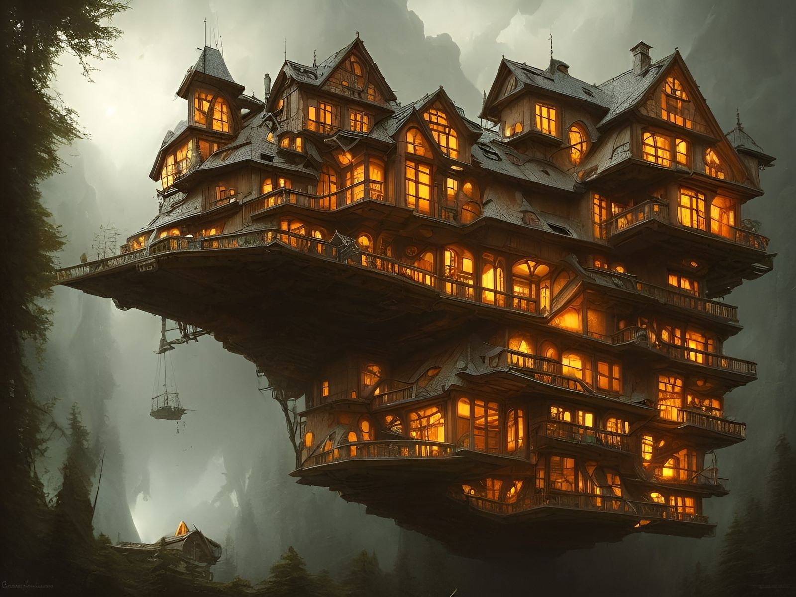 Surreal Floating Wooden House in Dark Fantasy Style
