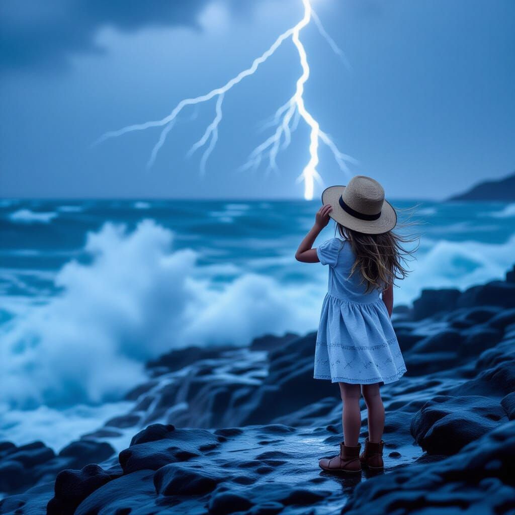 Girl Gazes at Stormy Sea on Rocky Outcrop